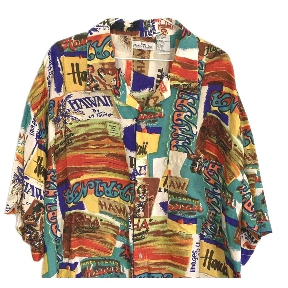 Peter Et Jon Shirt Men XL Multicolor Hawaiian Aloha Travel 100% Silk Button Up